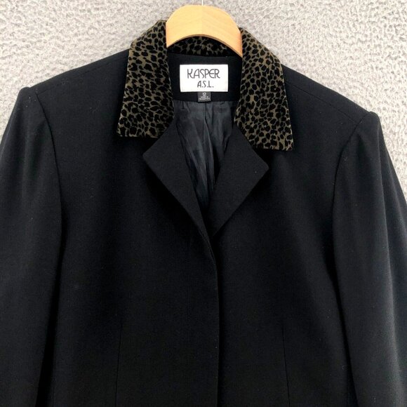Kasper Blazer Womens 12 Black Leopard Print Velvet Trim Button Up Office Career - Picture 2 of 9